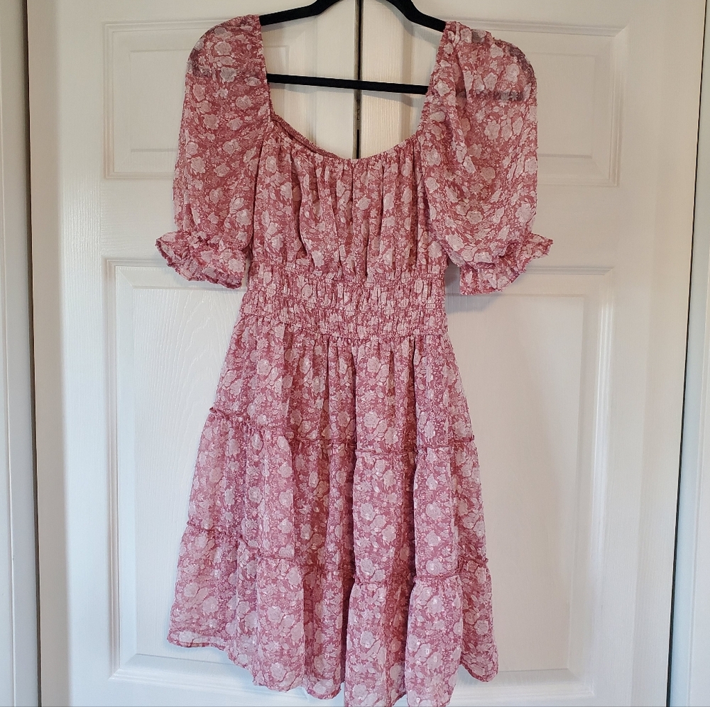 Pink Floral Smocked Sleeve Mini Dress Feminine Whimsical Fairy